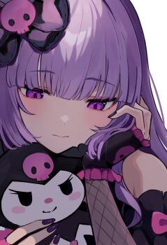 1girl aikatsu! aikatsu!_(series) blunt_bangs closed_mouth commentary_request hair_ornament hand_on_own_cheek hand_on_own_face highres hikami_sumire holding holding_stuffed_toy kuromi long_hair looking_down my_melody_(series) nail_polish purple_eyes purple_hair purple_nails sanrio simple_background skull_hair_ornament solo stuffed_animal stuffed_toy temple_circle upper_body white_background