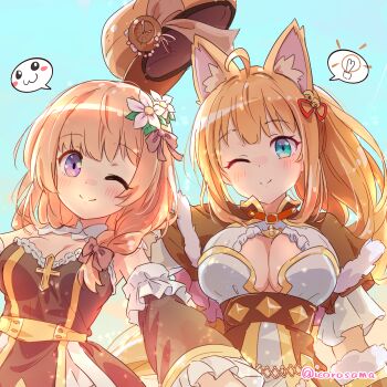 2girls absurdres adapted_costume ahoge animal_ear_fluff animal_ears arch_bishop_(ragnarok_online) arch_mage_(ragnarok_online) bell black_dress black_sleeves blue_background blue_eyes bow breasts brown_bow brown_capelet brown_hat capelet cleavage commentary_request commission cross detached_sleeves dress flower fox_ears fox_girl fur-trimmed_capelet fur_trim hair_bell hair_bow hair_flower hair_ornament hair_ribbon hat hat_launch highres icorasama jingle_bell large_breasts looking_at_viewer medium_breasts multiple_girls one_eye_closed open_mouth purple_eyes ragnarok_online red_ribbon ribbon sash simple_background skeb_commission strapless strapless_dress white_dress white_flower yellow_sash