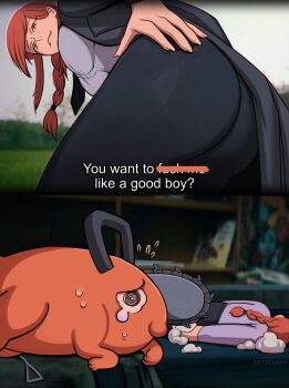 1girl 1other :3 ass black_necktie black_pants braid braided_ponytail business_suit chainsaw chainsaw_man coat colored_skin commentary creature crying crying_with_eyes_open dog english_commentary english_text formal_clothes hand_on_own_ass highres long_hair makima_(chainsaw_man) meme naughty_face necktie open_clothes open_coat orange_skin pants pochita_(chainsaw_man) presenting_own_ass presenting_own_body red_hair scene_reference shirt suit tatjasng12 tears the_boys torn_stuffed_toy white_shirt