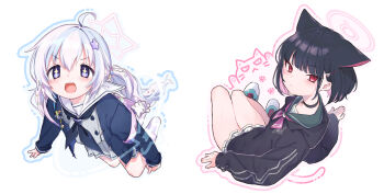 Rule 34 | 2girls, :d, absurdres, ahoge, animal ears, beads, black choker, black hair, black hoodie, black jacket, black neckerchief, blue archive, blue hair, blue outline, blunt bangs, blush, bob cut, cat ears, cat girl, choker, closed mouth, colored inner hair, commentary request, drawn tail, extra ears, from above, full body, green sailor collar, grey serafuku, grey shirt, grey skirt, hair beads, hair between eyes, hair ornament, halo, highres, hood, hood down, hoodie, jacket, kazusa (blue archive), kisaka, long hair, looking at viewer, looking back, low twintails, miniskirt, multicolored hair, multiple girls, neckerchief, open clothes, open jacket, open mouth, outline, pink hair, pink halo, pink neckerchief, pink outline, pleated skirt, purple eyes, red eyes, reisa (blue archive), sailor collar, school uniform, serafuku, shirt, shoes, short hair, simple background, sitting, skirt, sleeves past wrists, smile, sneakers, star (symbol), star hair ornament, star halo, streaked hair, tareme, thighs, tsurime, twintails, two-tone hair, v-shaped eyebrows, white background, white sailor collar, white shoes, white skirt