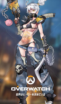 1girl absurdres animal_print arm_wrap armor bandaged_arm bandages belt bikini black_bikini black_boots black_gloves blue_belt boots breasts captain_chengsi chain chaps collarbone copyright_name covered_erect_nipples covered_mouth detached_pants female_focus fingerless_gloves gas_mask gauntlets genderswap genderswap_(mtf) gloves gluteal_fold grapnel grey_hair groin gun hair_ornament hair_tie hand_up handgun highres holding holding_gun holding_weapon hook lace-up_boots large_breasts looking_at_viewer mask overwatch overwatch_1 pants pauldrons pig pig_print pig_tattoo plate ponytail roadhog_(overwatch) short_hair shoulder_armor skull solo spikes stomach stomach_tattoo swimsuit tattoo underboob unused_tire weapon weapon_on_back white_hair yellow_eyes