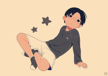 1boy arm_support black_eyes black_hair child closed_mouth light_frown looking_at_viewer male_focus noeyebrow_(mauve) original shirt short_hair shorts simple_background socks solo star_(symbol) t-shirt