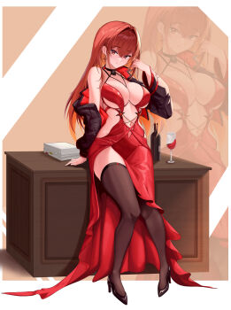 1girl absurdres alcohol alternate_costume black_jacket black_thighhighs bottle breasts cleavage closed_mouth commentary cosplay crossed_bangs cup desk dress drinking_glass earrings evening_gown full_body goddess_of_victory:_nikke haerang hair_between_eyes hair_intakes hand_up high_heels highres jacket jewelry large_breasts long_hair long_sleeves looking_at_viewer navel off_shoulder official_alternate_hair_color on_desk paper_stack rapi_(nikke) rapi_(red_hood)_(nikke) red_dress red_eyes red_hair red_hood_(nikke) red_hood_(nikke)_(cosplay) red_hood_(nonsense_red)_(nikke) red_wine revealing_clothes shadow sidelocks single_bare_shoulder sitting skindentation sleeveless sleeveless_dress smile solo thighhighs wine wine_bottle wine_glass zoom_layer