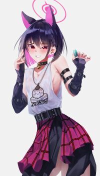1girl absurdres alternate_costume animal_ears arm_strap belt black_belt black_collar black_hair blue_archive blush braid breasts cat_pendant chain chain_necklace collar colored_inner_hair commentary cowboy_shot earrings elbow_gloves film_grain fingerless_gloves fingernails gloves grey_gloves grin halo hands_up highres jewelry kazusa_(blue_archive) large_breasts layered_skirt looking_at_viewer multicolored_hair necklace no_bra nyo2_ng pink_halo pink_skirt print_tank_top red_eyes short_hair side_braid sideless_outfit simple_background skirt smile solo standing stud_earrings tank_top white_background white_tank_top