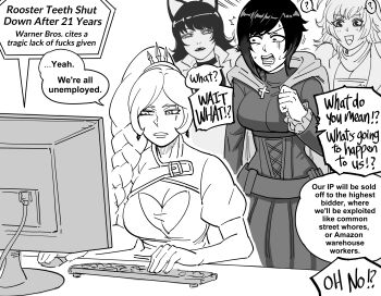 4girls ? absurdres animal_ears bb_(baalbuddy) blake_belladonna braid braided_ponytail breasts cape cat_ears cat_girl cleavage commentary computer english_commentary english_text female_focus greyscale highres hood hooded_cape computer_keyboard large_breasts medium_breasts monitor monochrome multiple_girls open_mouth ponytail ruby_rose rwby side_ponytail simple_background speech_bubble surprised weiss_schnee white_background yang_xiao_long