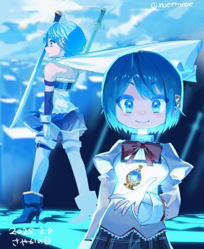 Rule 34 | 2girls, arm strap, black skirt, blue boots, blue eyes, blue gem, blue hair, blue skirt, blue sleeves, blue theme, boots, bow, bowtie, breasts, cape, collared shirt, commentary request, dated, detached sleeves, dual persona, fortissimo, frills, gem, gloves, gold trim, hair ornament, hairclip, highres, holding, holding gem, holding sword, holding weapon, juliet sleeves, long sleeves, looking at viewer, magical girl, mahou shoujo madoka magica, mahou shoujo madoka magica (anime), miki sayaka, miki sayaka (magical girl), mitakihara school uniform, moettimae, multiple girls, musical note, musical note hair ornament, parted lips, pleated skirt, puffy sleeves, red ribbon, ribbon, school uniform, shirt, short hair, shoulder blades, signature, skirt, smile, soul gem, strapless, strapless shirt, sword, thighhighs, weapon, white cape, white gloves, white shirt, white thighhighs, zettai ryouiki