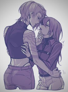 2girls after_kiss arm_tattoo bare_shoulders blush chest_strap chief_(path_to_nowhere) collared_shirt commentary_request ear_piercing earrings eye_contact female_chief_(path_to_nowhere) greyscale hand_on_another&#039;s_chin hand_on_another&#039;s_waist hands_on_another&#039;s_back highres jewelry long_hair looking_at_another monochrome multiple_girls okkoooome pants path_to_nowhere piercing shirt short_hair shoulder_tattoo sleeveless sleeveless_shirt tattoo tongue tongue_out yuri zoya_(path_to_nowhere)
