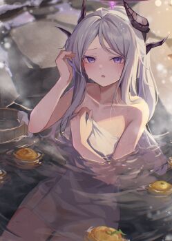 1girl adjusting_hair black_horns blue_archive blush breasts collarbone demon_girl demon_horns grey_hair hand_up highres hina_(blue_archive) horns loli long_hair looking_at_viewer medium_breasts multiple_horns naked_towel onsen open_mouth outdoors parted_bangs partially_submerged purple_eyes sidelocks solo supic1711 thighs towel very_long_hair water wet