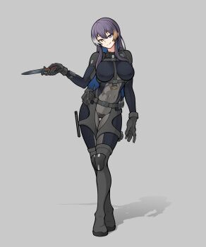 Rule 34 | 1girl, absurdres, alina svard kovalenko (laotianaviator), arbor spirit, black bodysuit, blue eyes, blue hair, bodysuit, breasts, brown bodysuit, brown gloves, commission, covered erect nipples, crossed legs, facial scar, full body, gloves, heterochromia, hexagon print, highres, knife, large breasts, long hair, multicolored bodysuit, multicolored hair, navel, original, purple hair, scar, scar on cheek, scar on face, simple background, solo, streaked hair, toned, toned female, watson cross, yellow eyes