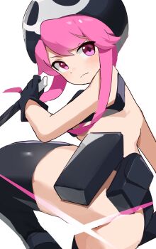 1girl absurdres ass back belt_pouch black_boots black_gloves boots breasts gloves highres holding holding_knife jakuzure_nonon kill_la_kill knife light_censor nudist_beach_uniform pink_eyes pink_hair pouch simple_background skull_print t-lex thigh_boots thighs white_background