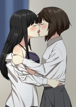 2girls absurdres black_hair blush bra breasts brown_hair closed_eyes collared_shirt commentary_request curtains french_kiss grey_skirt highres indoors kiss long_hair medium_breasts multiple_girls original purple_bra ryuusa school_uniform shirt short_hair skirt tongue tongue_out underwear white_shirt yuri