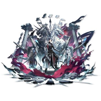 3boys absurdres architecture arknights armor armored_boots barding belt bird black_armor black_belt black_cape black_coat black_pants blue_eyes blue_hair boots braid cape closed_mouth coat column cuisses dual_wielding earrings flying full_body gauntlets greaves hair_between_eyes highres holding holding_sword holding_weapon horse jewelry jiuri_jiuhao knight leg_up long_coat long_hair looking_at_viewer mechanical_horse medium_hair mismatched_pauldrons multiple_belts multiple_boys multiple_persona multiple_swords non-humanoid_robot official_alternate_costume official_art pants pauldrons pelvic_curtain pillar plate_armor pointy_ears poleyn robot robot_animal sabaton see-through_clothes see-through_coat serious short_hair shoulder_armor side_cape single_braid single_earring snake_boy snake_tail standing star_(symbol) star_earrings sword sword_on_back tail tail_armor third-party_source transparent_background underbust vambraces visor_(armor) weapon weapon_on_back white_armor white_cape zuo_le_(arknights) zuo_le_(quiet_move)_(arknights)