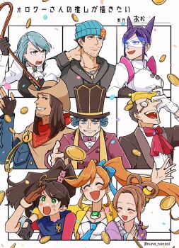 4boys 5girls ace_attorney ace_attorney_investigations arm_over_shoulder ascot athena_cykes aura_blackquill bead_necklace beads beanie beard_stubble black_hair black_vest blonde_hair blue_gem blue_hair blue_hat blue_jacket blue_necktie blue_scarf blush_stickers bow bowtie brown_gloves brown_hair caramelrag closed_mouth coat coin coin_flip collared_shirt commentary_request cosney_megundal cowboy_hat crescent crescent_earrings earrings facial_hair fingerless_gloves followers_favorite_challenge franziska_von_karma gem gloves green_eyes grey_hoodie grin hair_bobbles hair_ornament hair_rings hanten_(clothes) hat highres holding holding_whip hood hoodie jacket jake_marshall jewelry juliet_sleeves kay_faraday lapel_pin long_hair long_sleeves luke_atmey magatama magatama_necklace magnifying_glass medium_hair mole mole_on_neck monocle multiple_boys multiple_drawing_challenge multiple_girls mustache_stubble necklace necktie orange_hair outstretched_arm own_hands_together partially_fingerless_gloves pearl_fey phoenix_wright phoenix_wright:_ace_attorney phoenix_wright:_ace_attorney_-_dual_destinies phoenix_wright:_ace_attorney_-_trials_and_tribulations pink_bow pink_bowtie puffy_sleeves purple_hair purple_jacket red_bow red_coat ring scarf shirt short_hair side_ponytail single_earring single_glove small_sweatdrop smile stubble teeth the_great_ace_attorney the_great_ace_attorney:_adventures top_hat vest w white_ascot white_bow white_shirt yellow_jacket