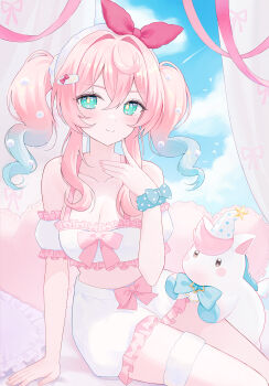 Rule 34 | 1girl, absurdres, aqua bow, blush, bow, breasts, cleavage, cloud, cloudy sky, commentary, curtains, drill hair, frills, gradient hair, green eyes, hair between eyes, hat, headband, highres, honkai: star rail, honkai (series), hyacine (honkai: star rail), hyacine (sweet slumber) (honkai: star rail), little ica (honkai: star rail), medium breasts, memosprite, multicolored hair, pegasus, pillow, pink bow, pink hair, ribbon, sky, thigh strap, twin drills, wristband, yagen (user mxur3238)