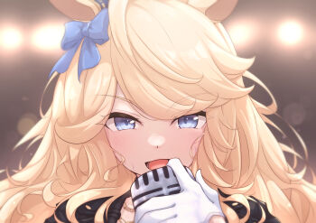1girl absurdres animal_ears blonde_hair blue_bow blue_eyes bow chahiro commentary_request gloves gold_city_(umamusume) highres holding holding_microphone horse_ears horse_girl long_hair microphone music portrait singing sweat umamusume white_gloves