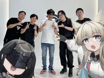 +_+ 2girls 5boys :o animal_ears arknights arknights:_endfield bird_ears bird_girl black_hair black_pants black_shirt blonde_hair blue_eyes blue_pants character_request commentary denim double_thumbs_up double_v dress endministrator_(arknights) eye_mask female_endministrator_(arknights) glasses highres jacket jeans kojima_hideo long_hair long_sleeves lowlight_kirilenko_(character) mask meme multiple_boys multiple_girls open_clothes open_jacket open_mouth pants perlica_(arknights) photo_background pointing pointing_at_another puffy_long_sleeves puffy_sleeves real_life shirt short_hair sleeveless sleeveless_dress symbol-only_commentary t-shirt thumbs_up two_soyjaks_pointing_(meme) v white_dress white_jacket white_shirt zobnuy