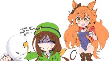 1boy 2girls anger_vein angry animal_ears backpack bag blue_one-piece_swimsuit bow brown_bow brown_thighhighs closed_eyes closed_mouth covered_navel cowboy_shot crime_prevention_buzzer ear_bow english_text false_smile green_eyes green_hat hat hayakawa_tazuna horse_ears horse_girl horse_tail leash long_hair manny_mcmannington mayano_top_gun_(umamusume) multiple_girls one-piece_swimsuit open_mouth orange_eyes orange_hair randoseru red_bag shaded_face simple_background smile swimsuit t-head_trainer_(umamusume) tail thighhighs trainer_(umamusume) umamusume white_background