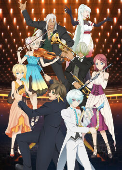 Rule 34 | 4boys, 4girls, alisha diphda, alisha diphda (orchestra), artist request, black coat, black gloves, black pants, black shoes, blonde hair, blue dress, blue eyes, bow, bow (music), breasts, brown eyes, brown hair, clarinet, closed eyes, closed mouth, coat, dezel (orchestra) (tales), dezel (tales), dress, drill hair, dual wielding, edna (orchestra) (tales), edna (tales), elbow gloves, feathers, gloves, green eyes, green hair, holding, holding instrument, instrument, lailah (orchestra) (tales), lailah (tales), long hair, looking at viewer, lute (instrument), mikleo (tales), mikleo (white day) (tales), multiple boys, multiple girls, music, official alternate costume, official alternate hairstyle, official art, open mouth, orange bow, orange dress, orange feathers, pants, pink dress, pink hair, playing instrument, purple eyes, rose (orchestra) (tales), rose (tales), second-party source, shoes, short hair, side ponytail, singing, smile, sorey (orchestra) (tales), sorey (tales), standing, tailcoat, tales of (series), tales of orchestra concert, tales of zestiria, triangle (instrument), trumpet, two-tone dress, violin, white coat, white dress, white hair, yellow dress, zaveid (orchestra) (tales), zaveid (tales)