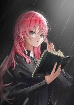1girl absurdres bang_dream! bang_dream!_it&#039;s_mygo!!!!! book chain chain_necklace chihaya_anon commentary grey_eyes highres holding holding_book index_finger_raised jewelry liuyunnnn long_hair long_sleeves necklace pink_hair priestess rain solo upper_body wet