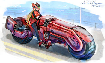 1girl android bird bliss_zero_(mega_man) blonde_hair blue_eyes bodysuit breasts closed_mouth forehead_jewel full_body genderswap genderswap_(mtf) gloves helmet kiwakiwa long_hair looking_at_viewer medium_breasts mega_man_(series) mega_man_zero_(series) motor_vehicle motorcycle pantyhose seagull skirt solo svc_chaos very_long_hair water zero(z)_(mega_man) zero_(mega_man)