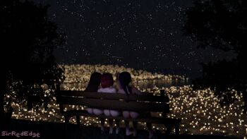 3d 3girls ass blender_(medium) brown_hair highres multiple_girls night night_sky nude original outdoors purple_hair red_hair sirrededge sitting sky