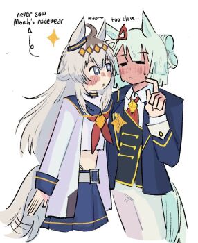 2girls :o abjecat afterimage ahoge animal_ears aqua_hair arrow_(symbol) belt belt_buckle bikini black_vest blue_eyes blue_jacket blue_sailor_collar blue_skirt blunt_bangs blunt_ends blush bow bright_pupils brooch buckle coat collared_jacket collared_shirt commentary cropped_legs cropped_shirt curious diamond_hairband dress_pants ear_ornament ear_ribbon english_commentary english_text flustered fujimasa_march_(umamusume) full-face_blush grey_belt grey_hair hair_between_eyes hair_rings hairband highleg highleg_bikini horse_ears horse_girl horse_tail jacket jewelry lapels layered_sleeves long_hair long_sleeves looking_at_another midriff miniskirt motion_lines multiple_girls neckerchief necktie notched_lapels oguri_cap_(starlight_beat)_(umamusume) oguri_cap_(umamusume) open_clothes open_coat open_jacket open_mouth pants pleated_skirt red_neckerchief red_necktie red_ribbon ribbon sailor_collar scratching_cheek shirt short_hair sidelocks simple_background single_hair_ring skirt sleeve_cuffs sparkle star_brooch swimsuit tail tail_wagging two-tone_ribbon umamusume umamusume:_cinderella_gray very_long_hair vest white_background white_bikini white_coat white_pants white_pupils white_ribbon white_shirt yellow_hairband yuri