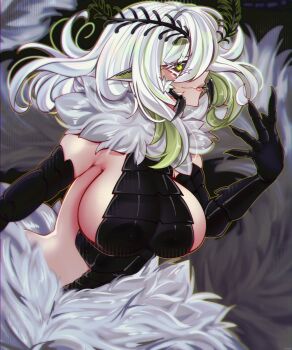 1girl absurdres antennae arthropod_girl black_gloves black_sclera breasts colored_sclera commentary gloves green_eyes green_hair highres indie_virtual_youtuber insect_girl juniper_actias juniper_actias_(snoth) large_breasts looking_to_the_side medium_hair monster_girl moth_antennae moth_girl multicolored_hair pointy_ears sideboob sitraell streaked_hair virtual_youtuber white_hair
