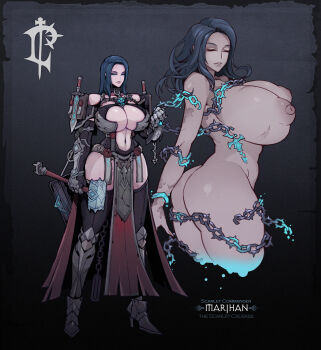 1girl absurdres armor ass bikini_armor blue_hair boots breasts chain cleric dagger dark_blue_hair garter_straps glowing glowing_clothes glowing_eyes hammer high_heel_boots high_heels highleg highres huge_breasts knife knight l_axe leotard nipples nude puffy_nipples warcraft weapon world_of_warcraft