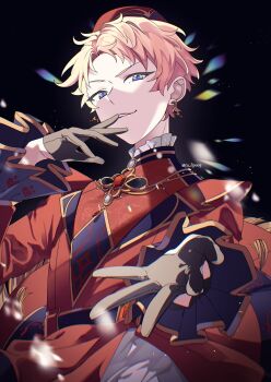 1boy black_gloves commentary earrings ensemble_stars! feature_scout_1_(ensemble_stars!) gloves hand_up hat highres itsuki_shu jewelry long_sleeves male_focus official_alternate_costume outstretched_hand parted_lips pink_hair purple_eyes red_hat short_bangs short_hair solo tu_(tu_lip003) twitter_username upper_body
