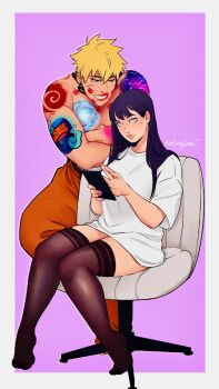 Rule 34 | 1boy, 1girl, alternate universe, arm tattoo, blonde hair, blue eyes, brown thighhighs, chair, chest tattoo, crossed arms, facial mark, grin, hetero, highres, holding, holding tablet pc, hyuuga hinata, kankuroplease, knees together feet apart, leaning on object, lipstick mark, muscular, muscular male, naruto: the last, naruto (series), neck tattoo, pectorals, purple eyes, purple hair, purple nails, shirt, shoulder tattoo, signature, sitting, smile, t-shirt, tablet pc, tattoo, thighhighs, topless male, uzumaki naruto, whisker markings