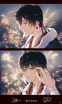 1boy 1other alternate_costume blush brown_hair eyeshadow festival fireworks genshin_impact gradient_hair hair_between_eyes highres long_hair makeup male_focus multicolored_hair orange_eyeshadow playing_with_another's_hair ponytail pov pov_hands sad sequential upper_body yellow_eyes zhongli_(genshin_impact)