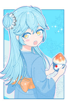 Rule 34 | 1girl, absurdres, aqua hair, blue kimono, blush stickers, border, cup, disposable cup, disposable ice cream cup, double bun, food, hair bun, highres, hirose miina, holding, holding cup, japanese clothes, kimono, long hair, looking at viewer, looking back, obi, open mouth, outside border, reisen2142, sash, shaved ice, shine post, solo, sparkle, teeth, upper teeth only, white border, yellow eyes