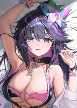 1girl abigail_(black_survival) absurdres arm_up armpits bare_shoulders bikini black_bikini black_choker black_hair black_survival blush bracelet breasts choker cleavage collarbone colored_inner_hair commentary_request eternal_return:_black_survival eyewear_on_head flower from_above from_side green_eyes hair_between_eyes hair_flower hair_ornament hair_spread_out hand_up heart heart-shaped_eyewear heart_hair_ornament heart_o-ring highres jacket jewelry key key_choker large_breasts layered_bikini long_hair long_sleeves looking_at_viewer lying multicolored_hair nail_polish o-ring o-ring_bikini off_shoulder official_alternate_costume on_back parted_lips pink_bikini pink_nails purple-tinted_eyewear purple_hair purple_streaks sleeves_rolled_up solo streaked_hair sunglasses swept_bangs swimsuit tinted_eyewear underboob upper_body very_long_hair white_jacket whoing_x2 wrist_flower wristband
