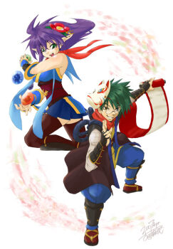 1boy 1girl arm_wrap black_sandals black_shirt blue_dress blue_pants breasts brown_sash brown_socks brown_thighhighs commentary_request crescent dress flower fox_mask full_body glasses gomamamagomamagomagomama green_eyes green_hair grin hair_flower hair_ornament holding holding_scroll kuji-in long_hair looking_at_viewer mask mask_on_head medium_breasts ninja ninja_(ragnarok_online) obi obijime open_mouth pants pointy_ears purple_hair ragnarok_online red_flower sandals sash scroll shirt short_dress sleeveless sleeveless_dress sleeveless_shirt smile socks tabi thighhighs vambraces white_background yellow_eyes zouri