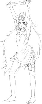 1girl absurdres armpits arms_up bare_legs bare_shoulders barefoot blush breasts dress eibon exercising full_body highres lineart long_hair looking_at_viewer monochrome open_mouth science_adventure simple_background sleeveless small_breasts solo steins;gate steins;gate_0 sweat sweatdrop thigh_strap thighs toes very_long_hair white_background