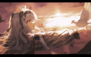 1girl ahoge animal_ears armband backlighting bird bird_on_hand blue_eyes dove drawer_bushi_huajia grey_hair hair_ribbon hairband highres long_hair looking_at_animal looking_to_the_side original parted_lips puffy_sleeves ribbon side_ponytail smile solo sunrise wolf_ears