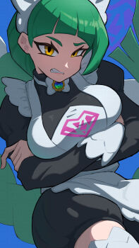 1girl absurdres apron arms_under_breasts black_romper blunt_bangs bow bowtie braid braided_ponytail breasts brown_eyes clenched_teeth commentary_request crossed_arms green_hair highres juliet_sleeves large_breasts lebanne_(pokemon) long_braid long_hair long_sleeves looking_at_viewer maid maid_apron maid_headdress mega_stone niisan2023 nintendo pokemon pokemon_legends:_z-a puffy_sleeves romper solo teeth thighhighs tsurime white_bow white_bowtie white_thighhighs