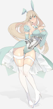 Rule 34 | 1girl, :3, absurdres, animal ears, aqua bow, aqua bowtie, aqua leotard, aqua necktie, aqua skirt, arm garter, bare shoulders, blonde hair, blue eyes, bow, bowtie, closed mouth, commentary request, detached collar, detached sleeves, dress, ecomoesty, fake animal ears, frilled dress, frills, full body, garter straps, high heels, highres, legwear garter, leotard, long hair, mechabare, necktie, nontraditional playboy bunny, original, rabbit ears, shoes, showgirl skirt, simple background, skirt, stiletto heels, straight hair, swept bangs, thigh gap, thighhighs, white background, white shoes, white thighhighs