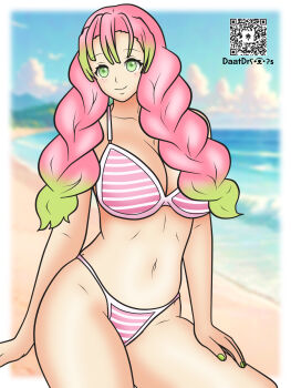 1girl beach breasts daatdraws green_eyes kanroji_mitsuri kimetsu_no_yaiba large_breasts long_hair pink_hair smile swimsuit