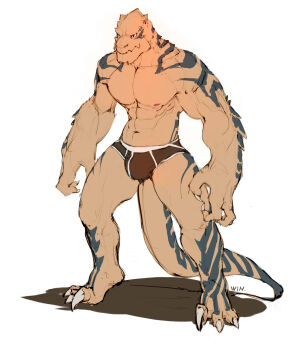 1boy abs bara black_male_underwear boxer_briefs briefs bulge claws commentary english_commentary full_body furry furry_male highres large_pectorals lizard_tail looking_at_viewer male_focus male_underwear muscular muscular_male navel nipples original pectorals reptile_boy solo standing stomach tail thick_thighs thighs topless_male underwear underwear_only wincalblanke