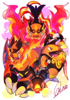 black_fur boar claws closed_mouth commentary_request emboar evolutionary_line fangs fire gen_5_pokemon highres mega_emboar mega_pokemon nintendo open_mouth orange_fur pignite pokemon pokemon_(creature) pokemon_focus qua red_eyes teeth tepig tusks