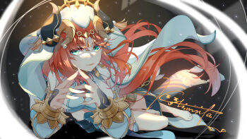 Rule 34 | 1girl, absurdres, aqua eyes, barefoot, black background, blue gem, bracer, breasts, brooch, circlet, closed mouth, commentary request, crop top, fake horns, feet, fingernails, floating hair, gem, genshin impact, harem outfit, highres, horns, jewelry, kolimiya, large breasts, long hair, looking at viewer, neck ring, nilou (genshin impact), own hands together, parted bangs, red hair, signature, smile, solo, thighlet, toes, twintails, two-tone background, veil, white veil