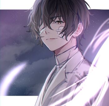 Rule 34 | bandage over one eye, border, brown eyes, brown hair, bungou stray dogs, closed mouth, dazai osamu (bungou stray dogs), gauze, gauze on cheek, jacket, lapels, letterboxed, light smile, looking at viewer, outside border, pigon, short hair, sky, star (sky), starry sky, suit jacket, white border, white jacket
