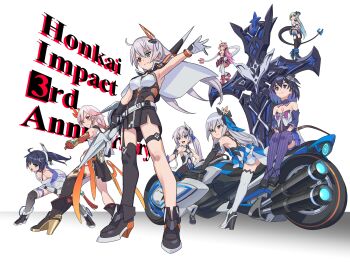 6+girls :o absurdres ahoge anniversary armpits ass asymmetrical_gloves bad_id bad_pixiv_id bare_shoulders black_dress black_gloves black_thighhighs blue_eyes blue_hair boots breasts bronya_zaychik bronya_zaychik_(herrscher_of_reason) brown_gloves butt_crack chest_tattoo cleavage closed_mouth copyright_name cross_(weapon) crossed_arms detached_sleeves dress elbow_gloves fang flat_chest fu_hua fu_hua_(phoenix) full_body gloves grey_eyes grey_hair hair_ornament heterochromia highres holding holding_polearm holding_sword holding_weapon honkai_(series) honkai_impact_3rd horns jacket kiana_kaslana kiana_kaslana_(void_drifter) kneepits liliya_olenyeva long_hair long_sleeves matsushita_yuubin mismatched_gloves motor_vehicle motorcycle multiple_girls open_mouth orange_eyes pink_hair polearm ponytail project_bunny purple_eyes purple_hair purple_skirt purple_sleeves purple_thighhighs raiden_mei raiden_mei_(striker_fulminata) red_eyes red_gloves rozaliya_olenyeva seele_vollerei seele_vollerei_(swallowtail_phantasm) shoe_soles side_ponytail simple_background single_glove single_horn single_thighhigh skin_fang skirt smile sword tail tattoo theresa_apocalypse theresa_apocalypse_(twilight_paladin) thighhighs very_long_hair weapon white_background white_dress white_gloves white_hair white_jacket white_thighhighs