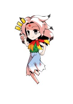 1girl barefoot black_hair blue_skirt capelet chibi chibi_only commentary_request dairi forehead_tattoo full_body green_shirt hand_up houjuu_chimi large_variant_set multicolored_hair red_capelet shirt simple_background skirt sleeveless sleeveless_shirt solo tachi-e tattoo touhou transparent_background two-tone_capelet two-tone_hair variant_set white_hair yellow_capelet