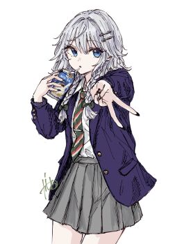 Rule 34 | 1girl, alternate costume, black nails, blue coat, blue eyes, bow, coat, collared shirt, commentary, diagonal-striped clothes, diagonal-striped necktie, drink, drink carton, drinking, green bow, green necktie, grey skirt, hair bow, highres, holding, holding drink, izayoi sakuya, kashiwada kiiho, knife hair ornament, long sleeves, medium hair, milk tea, necktie, open mouth, school uniform, shirt, shirt tucked in, signature, simple background, skirt, solo, striped clothes, touhou, v, white background, white hair, white shirt