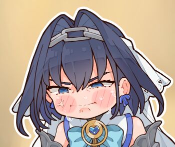 Rule 34 | 1girl, :i, anger vein, angry, bare shoulders, black hair, blue bow, blue bowtie, blue eyes, blush, bow, bow earrings, bowtie, chain, chain headband, chibi, chibi only, commentary, earrings, english commentary, hair between eyes, hair intakes, heart-shaped gem, highres, hololive, hololive english, jewelry, kukie-nyan, medium hair, ouro kronii, ouro kronii (1st costume), outline, simple background, solo, tears, veil, virtual youtuber, white outline, yellow background