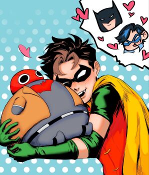 3boys bat_signal batman batman_(series) batman_symbol black_bodysuit bodysuit brown_jacket bruce_wayne character_doll commentary cowl dc_comics dick_grayson doll domino_mask english_commentary eye_mask grey_bodysuit hh4nk highres jacket jason_todd male_focus mask multicolored_bodysuit multiple_boys nightwing red_hood_(dc) red_mask superhero_costume taut_bodysuit two-tone_bodysuit