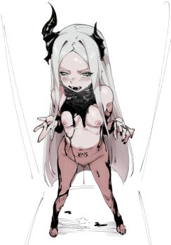 1girl asymmetrical_horns black_liquid black_nails blunt_ends blush breasts dripping female_pubic_hair forehead goddess_of_victory:_nikke green_eyes horns kida_eve leviathan_(nikke) long_hair melting_clothes navel nipples nude open_mouth pubic_hair pubic_tattoo pussy pussy_juice pussy_juice_drip sharp_toenails small_breasts solo standing tattoo toenails white_background white_hair