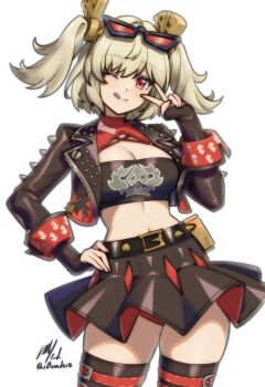 1girl :q artist_name black_skirt blonde_hair breasts burnice_white cleavage commentary commission crop_top english_commentary eyewear_on_head high-waist_skirt highres jacket looking_at_viewer medium_breasts one_eye_closed red_eyes rotomdocs simple_background skirt smile solo strapless studded_jacket sunglasses thighhighs tongue tongue_out tube_top turtleneck two_side_up v white_background zenless_zone_zero